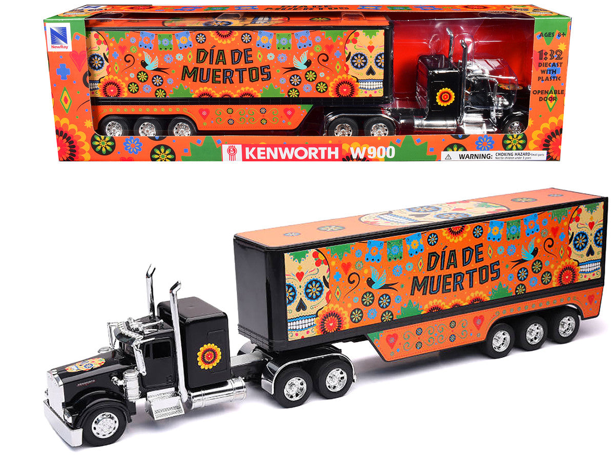 Kenworth W900 Truck Black with Graphics and Dry Van Trailer "Dia De Muertos" 1/32 Diecast Model by New Ray LuxuryLifeWay Online Store