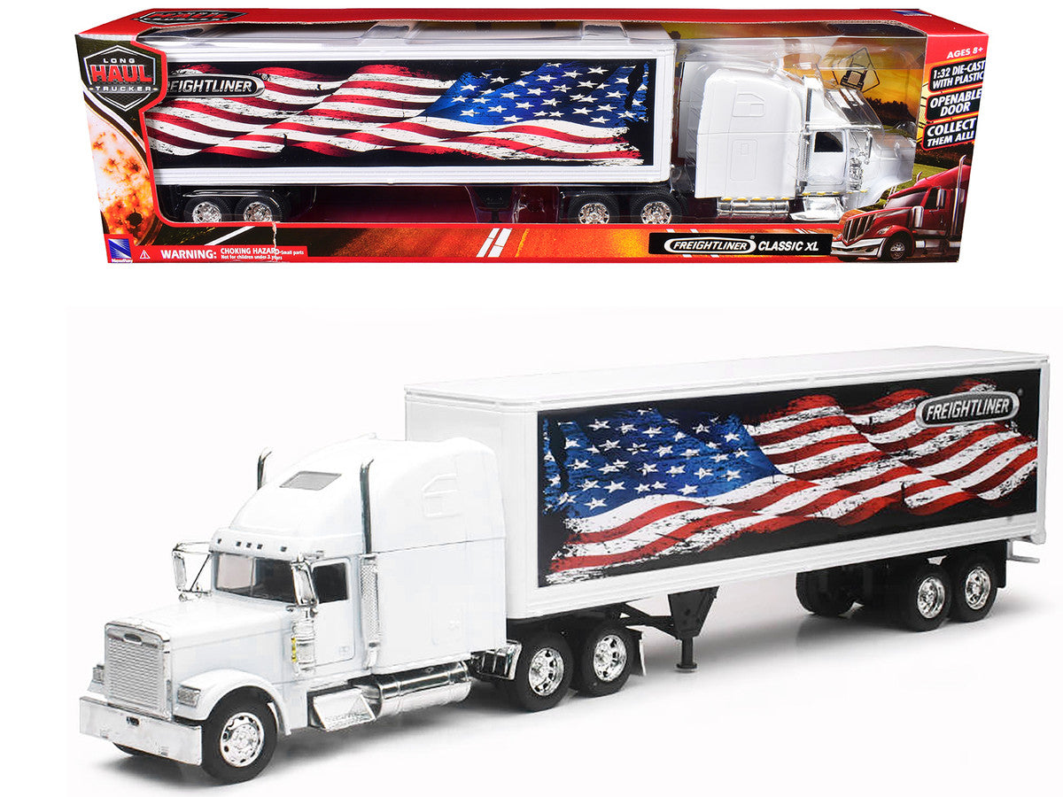 Freightliner Classic XL Truck White with Dry Van Trailer White with Patriotic Graphic "Long Haul Truckers" Series 1/32 Diecast Model by New Ray LuxuryLifeWay Online Store