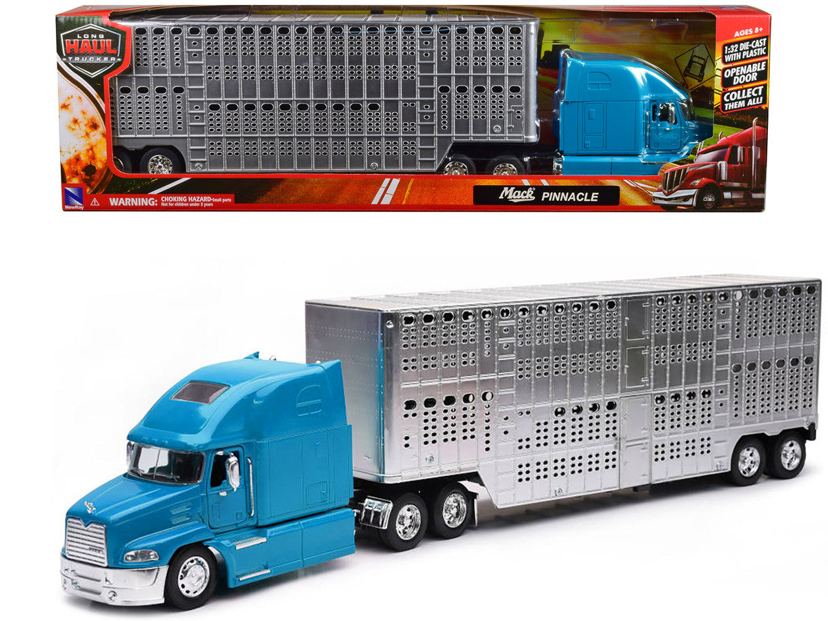 Mack Pinnacle Truck with Pot Belly Livestock Trailer Blue and Chrome "Long Haul Truckers" Series 1/32 Diecast Model by New Ray LuxuryLifeWay Online Store