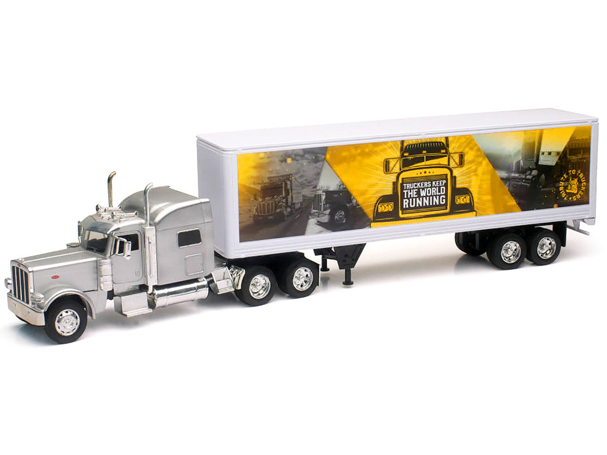Peterbilt 389 Truck Silver Metallic with Dry Van Trailer "Trucker Keep The World Running" "Long Haul Truckers" Series 1/32 Diecast Model by New Ray LuxuryLifeWay Online Store