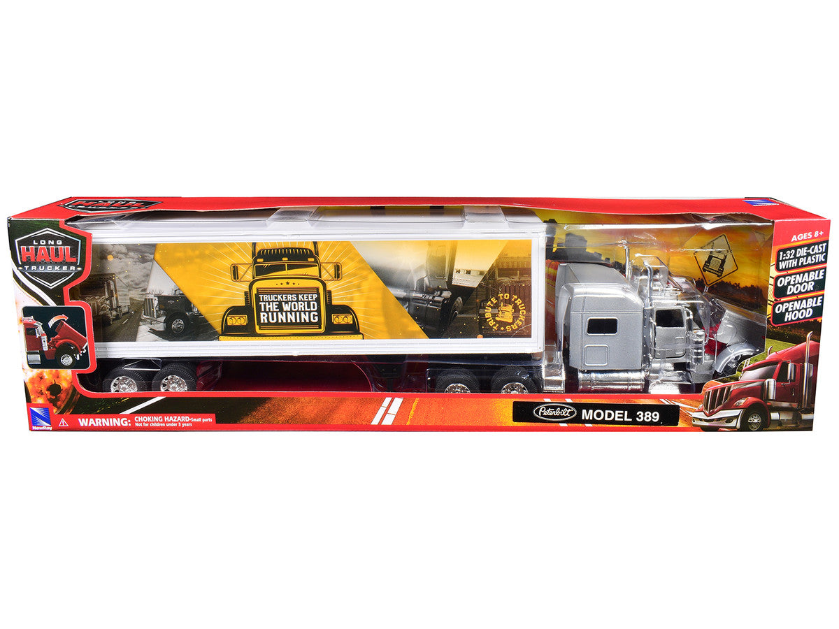 Peterbilt 389 Truck Silver Metallic with Dry Van Trailer "Trucker Keep The World Running" "Long Haul Truckers" Series 1/32 Diecast Model by New Ray LuxuryLifeWay Online Store