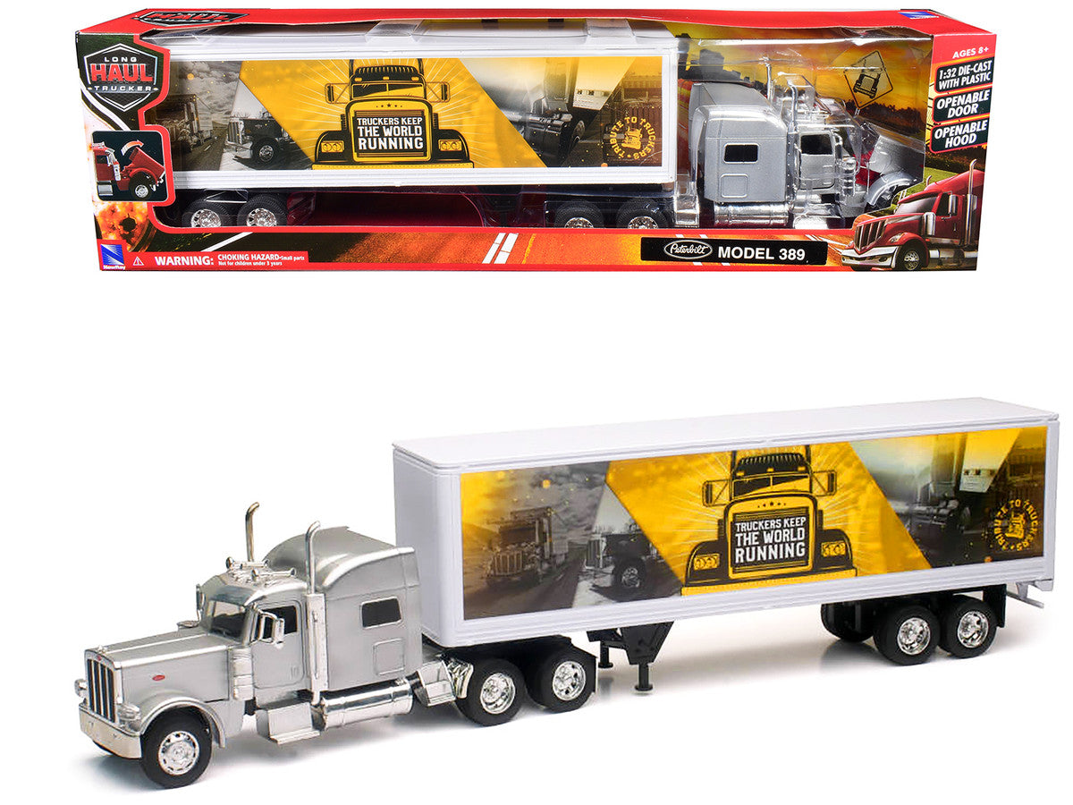 Peterbilt 389 Truck Silver Metallic with Dry Van Trailer "Trucker Keep The World Running" "Long Haul Truckers" Series 1/32 Diecast Model by New Ray LuxuryLifeWay Online Store