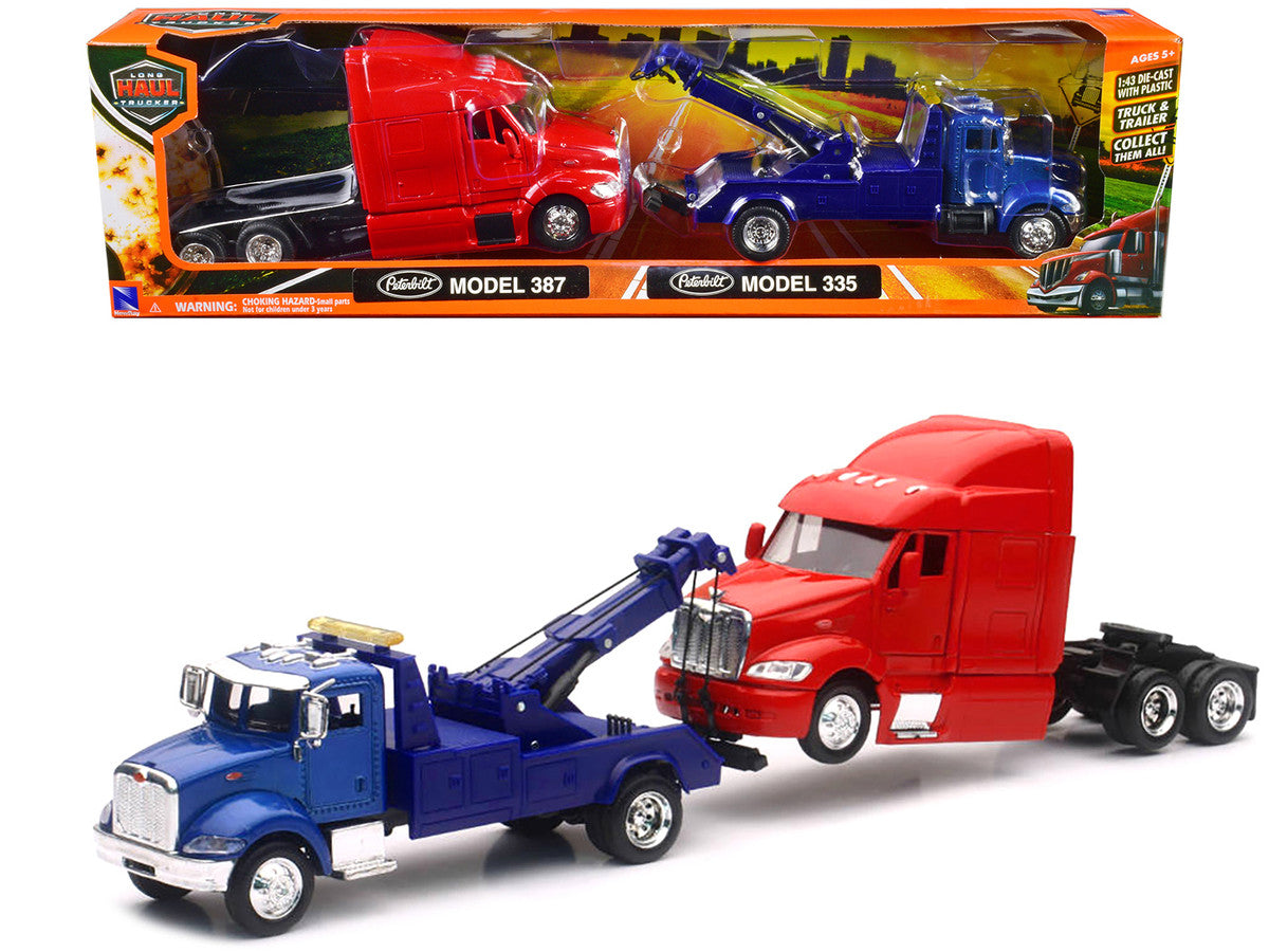 Peterbilt Model 335 Tow Truck Blue and Peterbilt Model 387 Cab Red Set of 2 Pieces 1/43 by New Ray LuxuryLifeWay Online Store