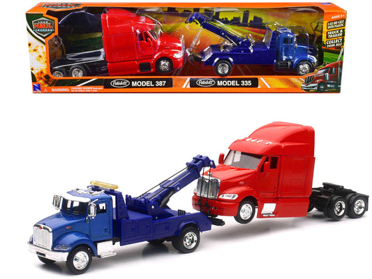 Peterbilt Model 335 Tow Truck Blue and Peterbilt Model 387 Cab Red Set of 2 Pieces 1/43 by New Ray LuxuryLifeWay Online Store
