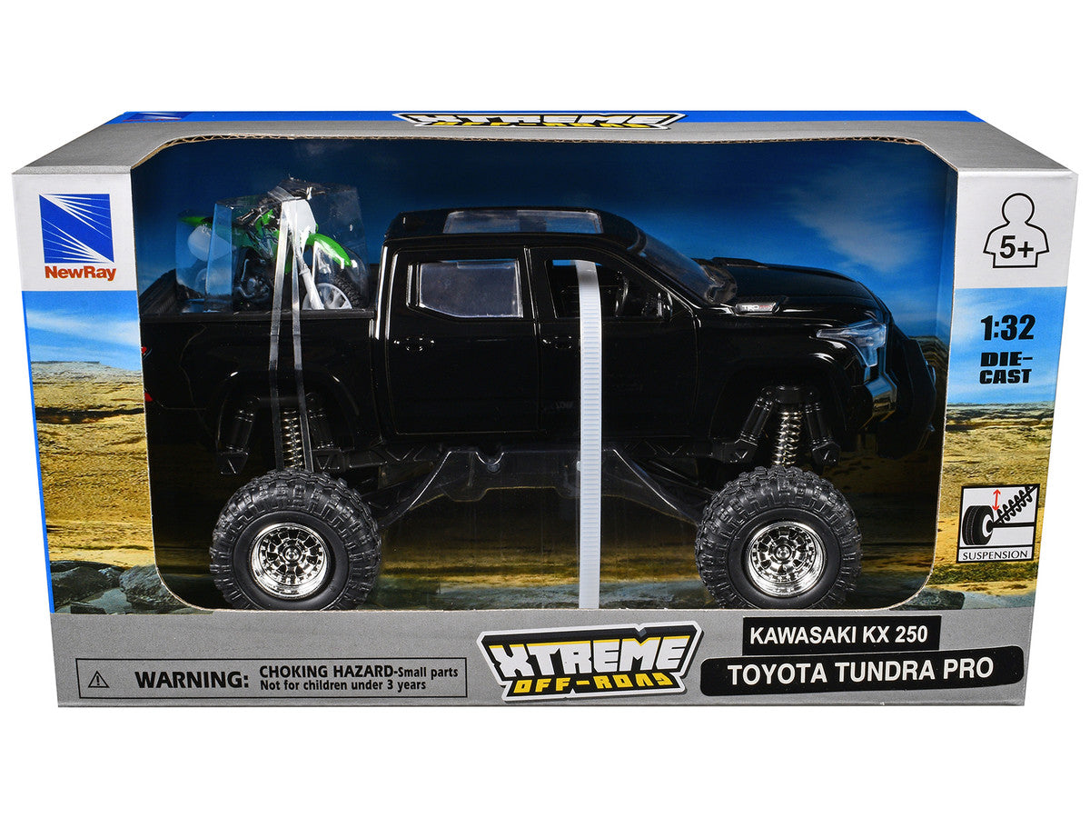 Toyota Tundra Pro Pickup Truck Black and Kawasaki KX 250 Motorcycle Green and White "Xtreme Off-Road" Series 1/32 Diecast Models by New Ray LuxuryLifeWay Online Store