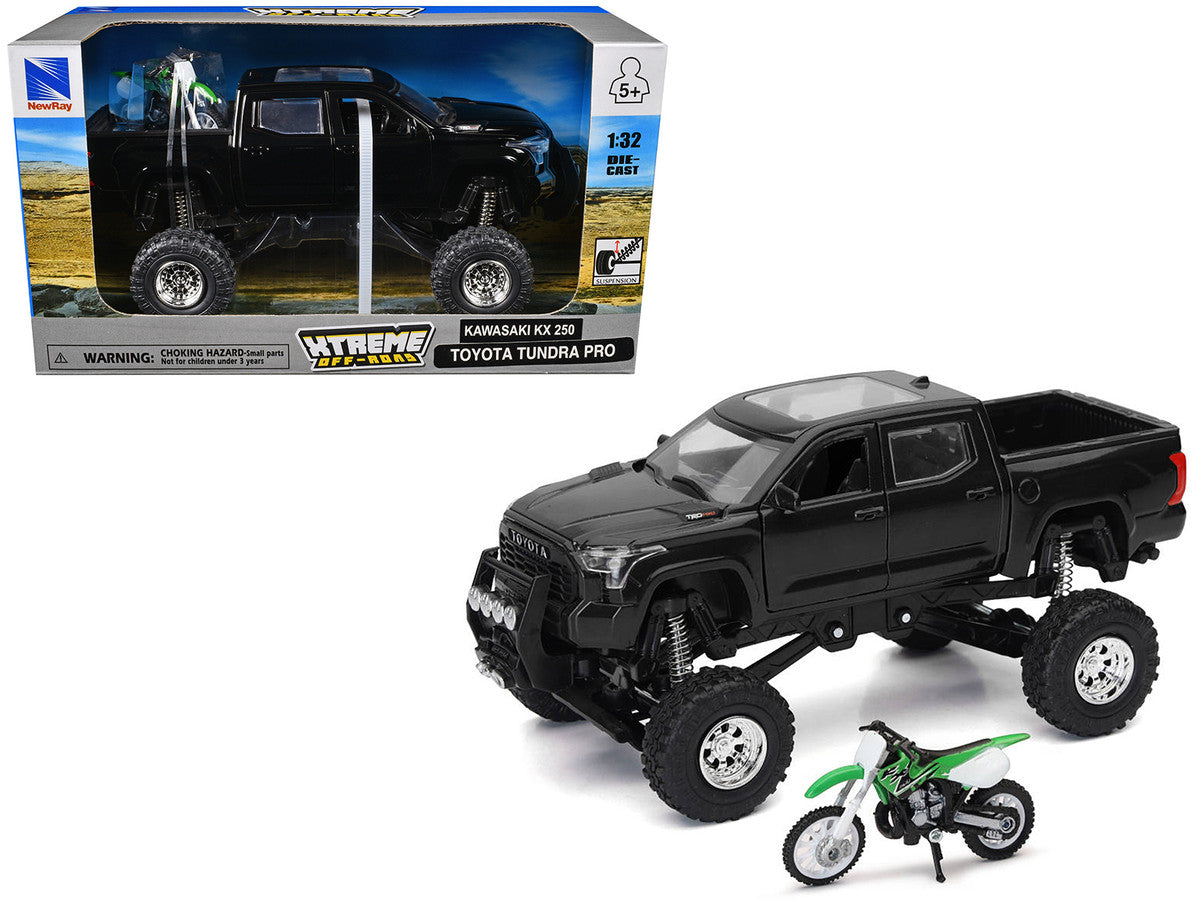 Toyota Tundra Pro Pickup Truck Black and Kawasaki KX 250 Motorcycle Green and White "Xtreme Off-Road" Series 1/32 Diecast Models by New Ray LuxuryLifeWay Online Store
