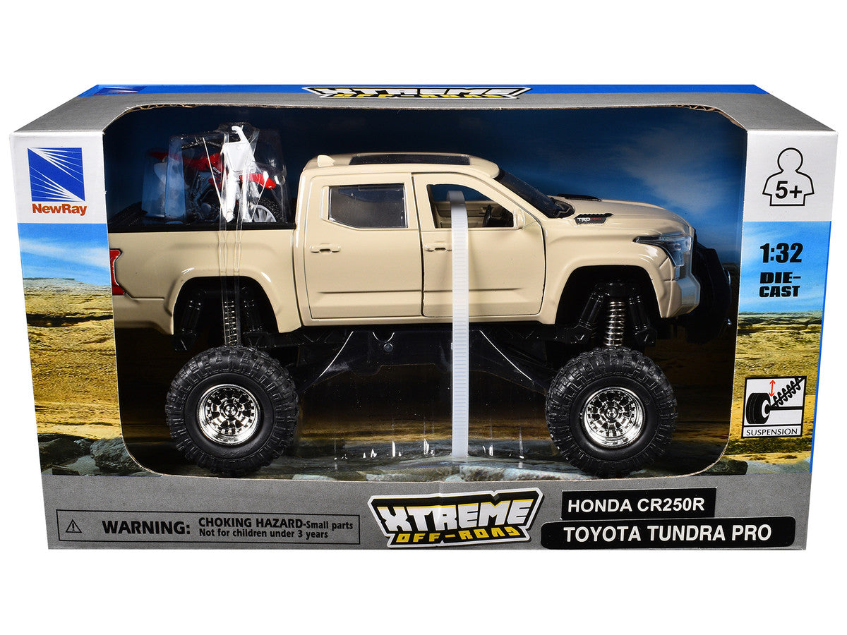 Toyota Tundra Pro Pickup Truck Tan and Honda CR250R Motorcycle Red and White "Xtreme Off-Road" Series 1/32 Diecast Models by New Ray LuxuryLifeWay Online Store