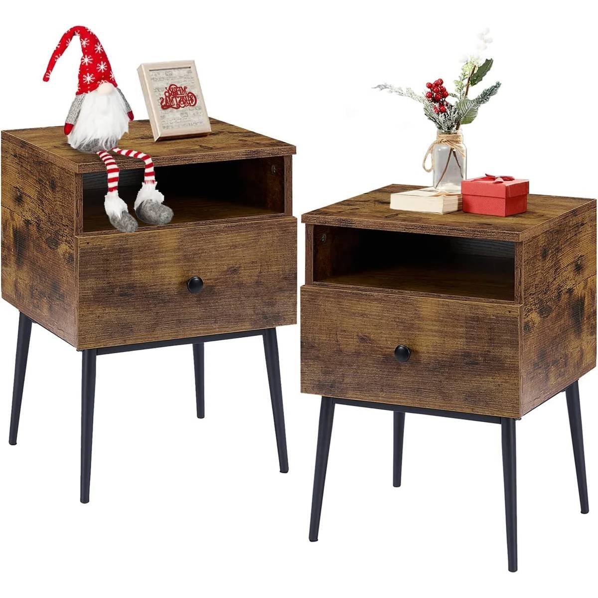 Set of 2 - Mid Century Modern Side Table Nightstand in Brown Black Wood Finish LuxuryLifeWay Online Store