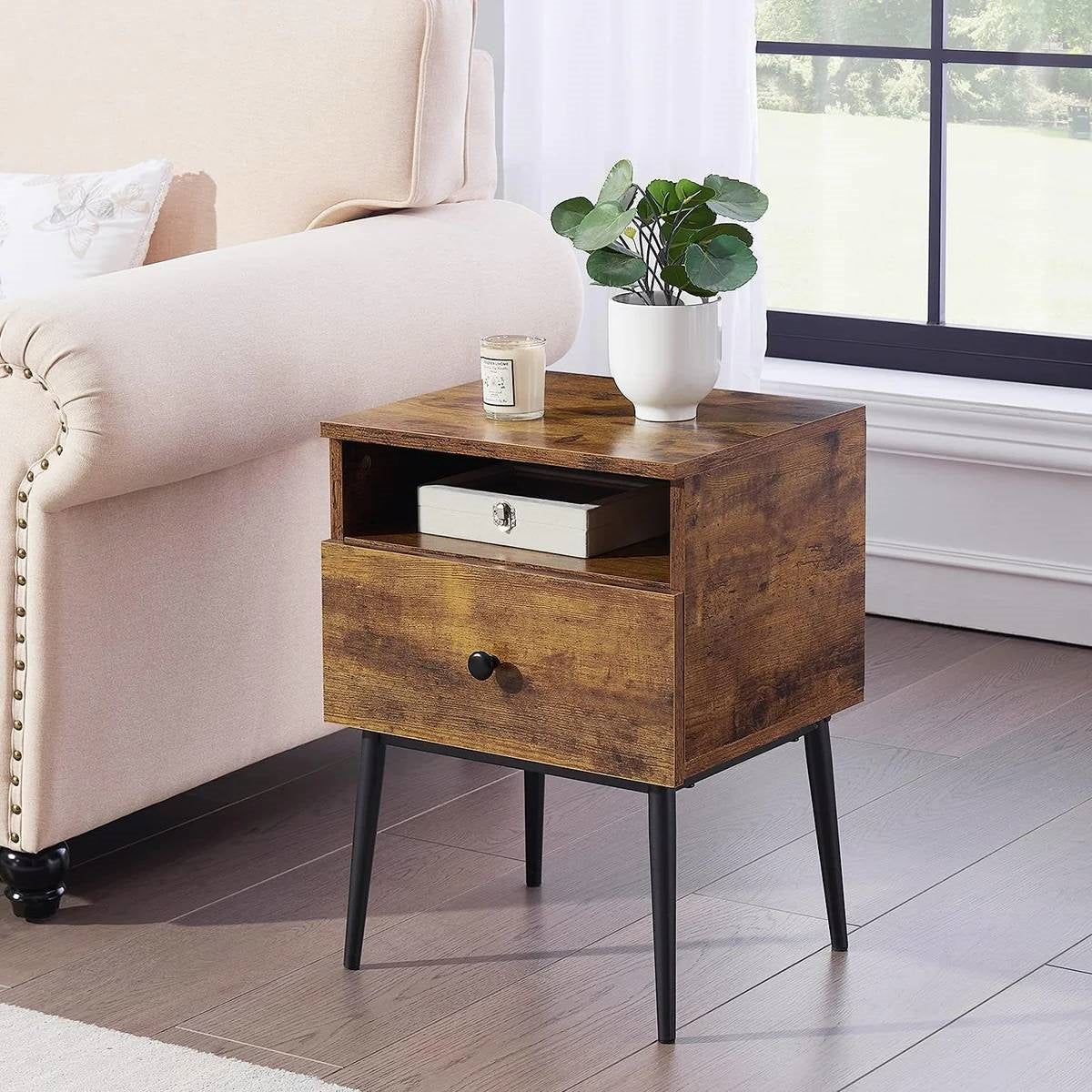 Set of 2 - Mid Century Modern Side Table Nightstand in Brown Black Wood Finish LuxuryLifeWay Online Store