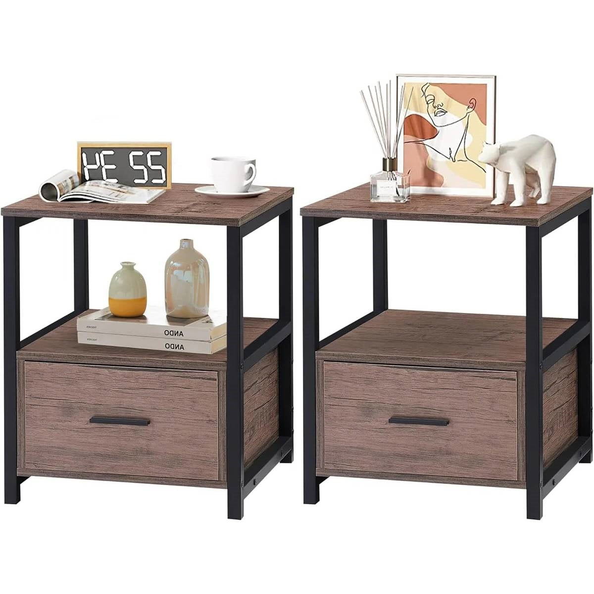 Set of 2 - Modern Metal Wood Side End Table Nightstand with Storage Drawer LuxuryLifeWay Online Store