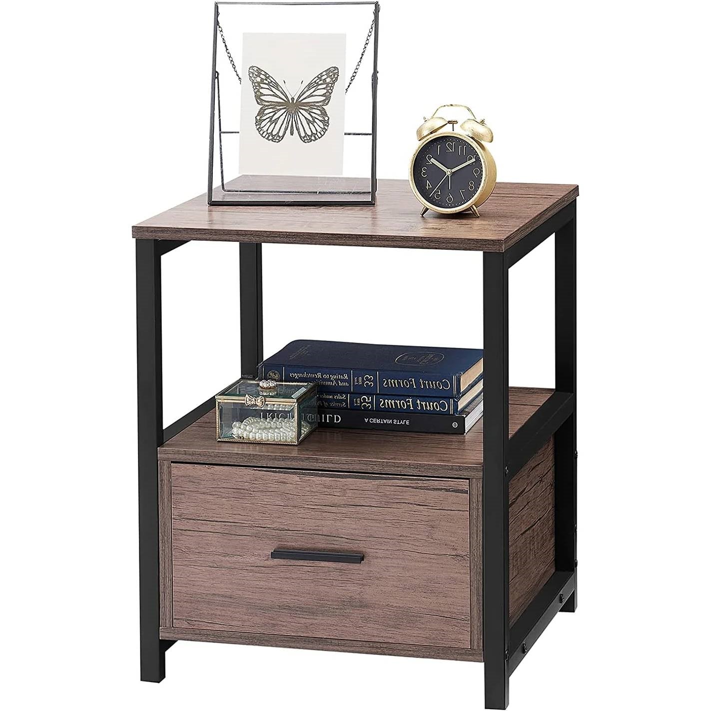 Set of 2 - Modern Metal Wood Side End Table Nightstand with Storage Drawer LuxuryLifeWay Online Store