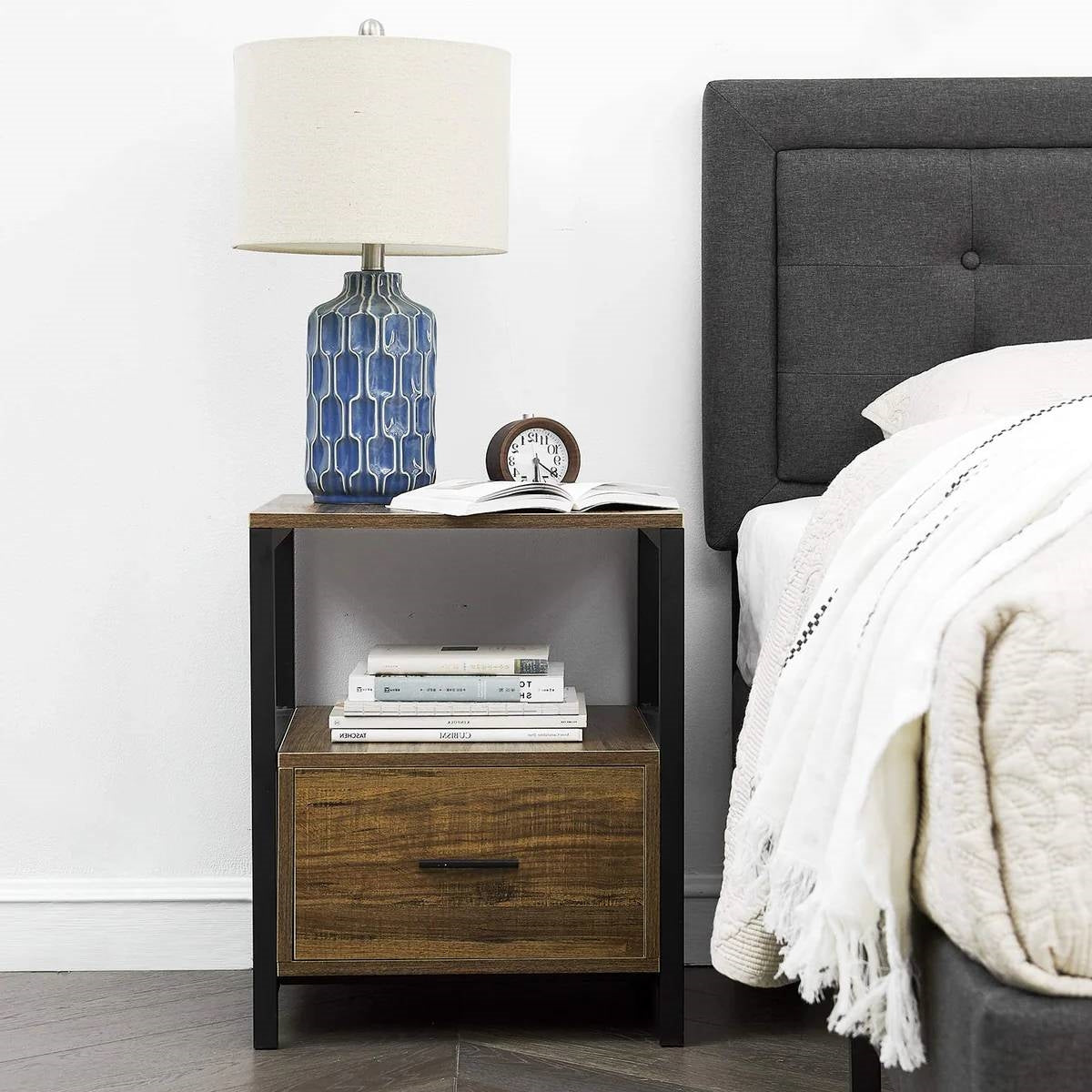Set of 2 - Modern Metal Wood Side End Table Nightstand with Storage Drawer LuxuryLifeWay Online Store