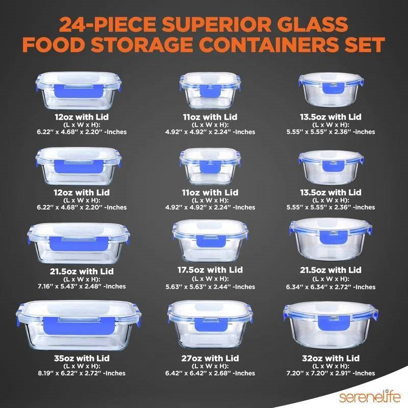 24-Piece Glass Food Storage Container Bakeware Set with Snap Locking Lids LuxuryLifeWay Online Store