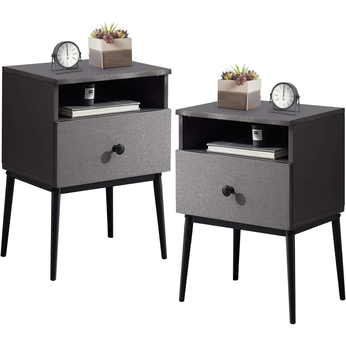 Set of 2 - Mid Century Modern Side Table Nightstand in Grey Black Wood Finish LuxuryLifeWay Online Store