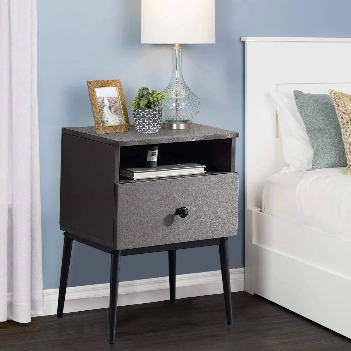 Set of 2 - Mid Century Modern Side Table Nightstand in Grey Black Wood Finish LuxuryLifeWay Online Store