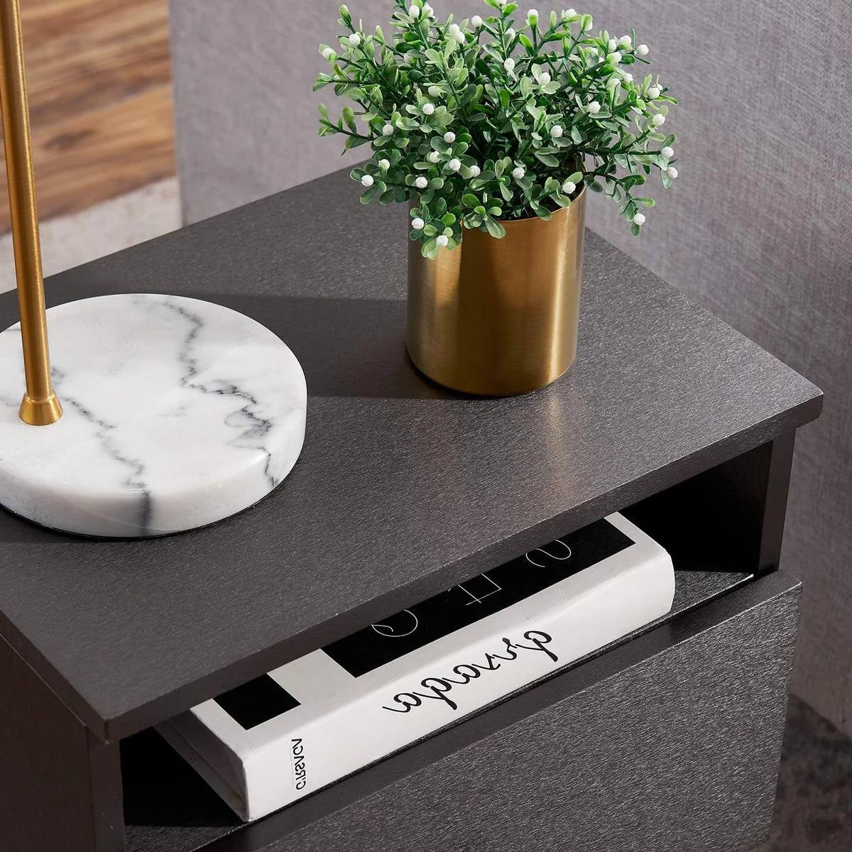Set of 2 - Mid Century Modern Side Table Nightstand in Grey Black Wood Finish LuxuryLifeWay Online Store