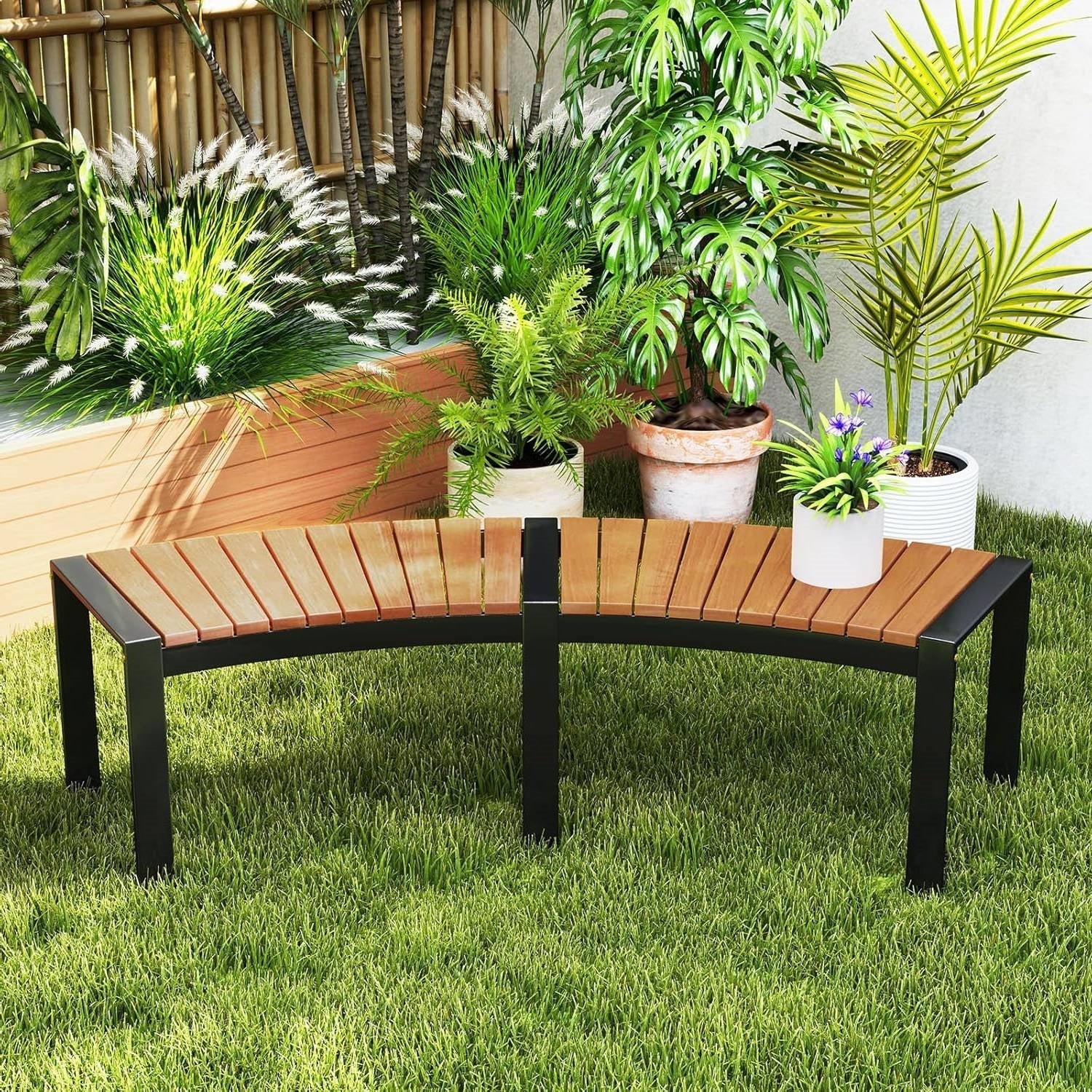 Set of 2 - Outdoor Metal Wood Backless Garden Bench with Modern Curved Design LuxuryLifeWay Online Store