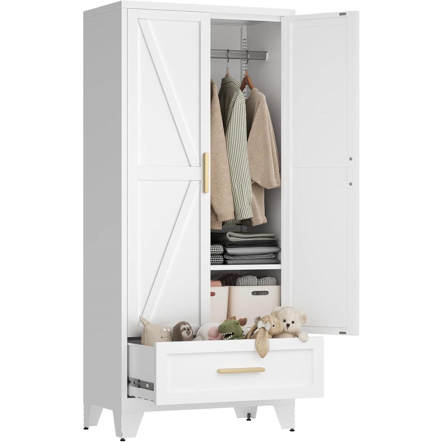White 2-Door Wardrobe Armoire Cabinet with Storage Drawer and Hanging Rod LuxuryLifeWay Online Store