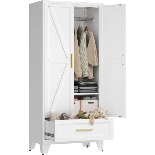 White 2-Door Wardrobe Armoire Cabinet with Storage Drawer and Hanging Rod LuxuryLifeWay Online Store