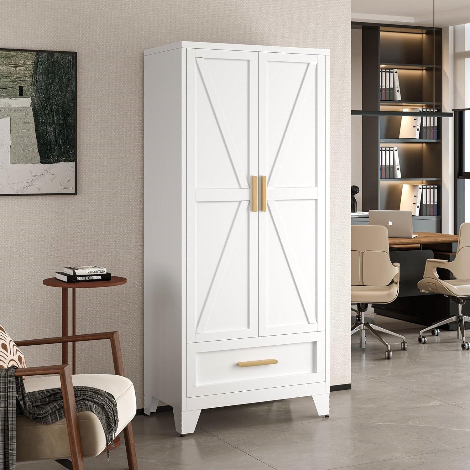 White 2-Door Wardrobe Armoire Cabinet with Storage Drawer and Hanging Rod LuxuryLifeWay Online Store