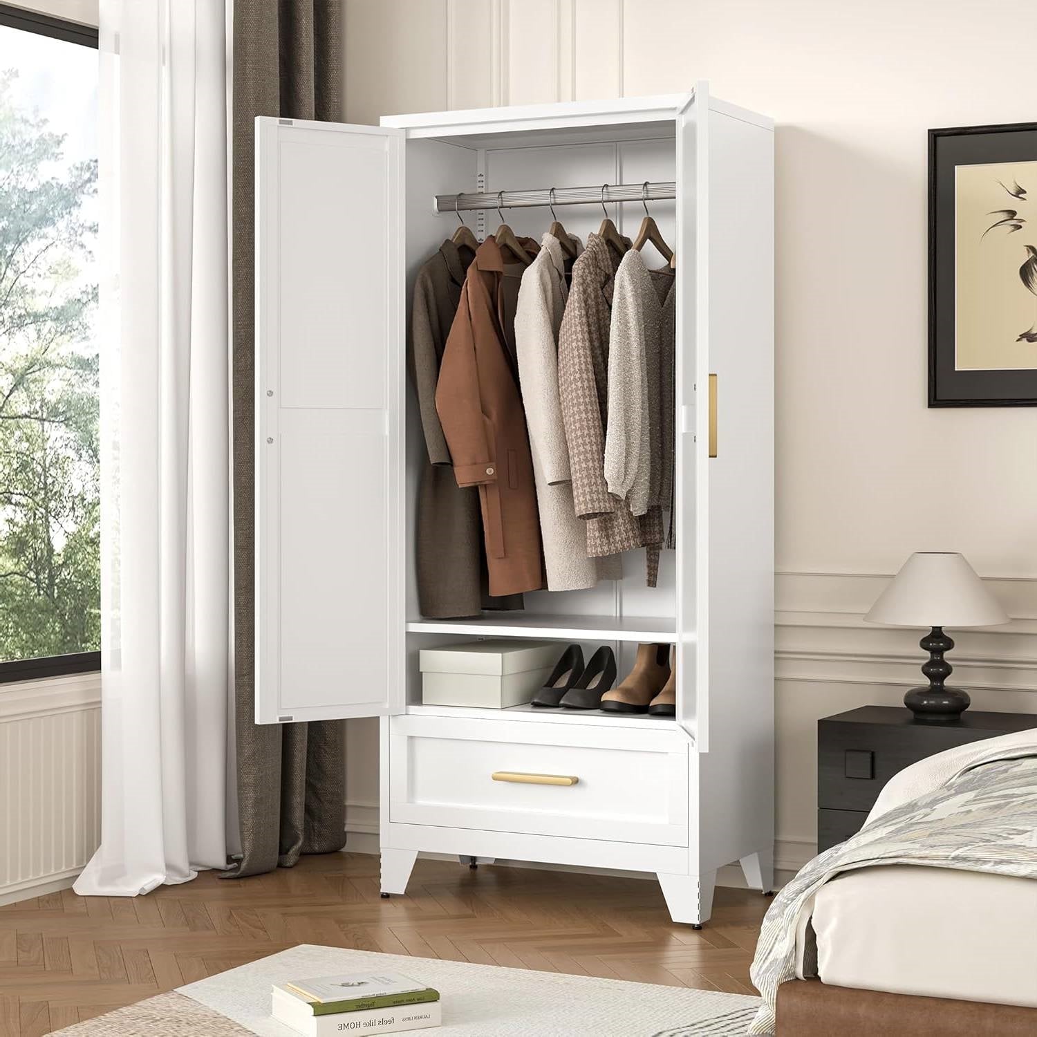 White 2-Door Wardrobe Armoire Cabinet with Storage Drawer and Hanging Rod LuxuryLifeWay Online Store