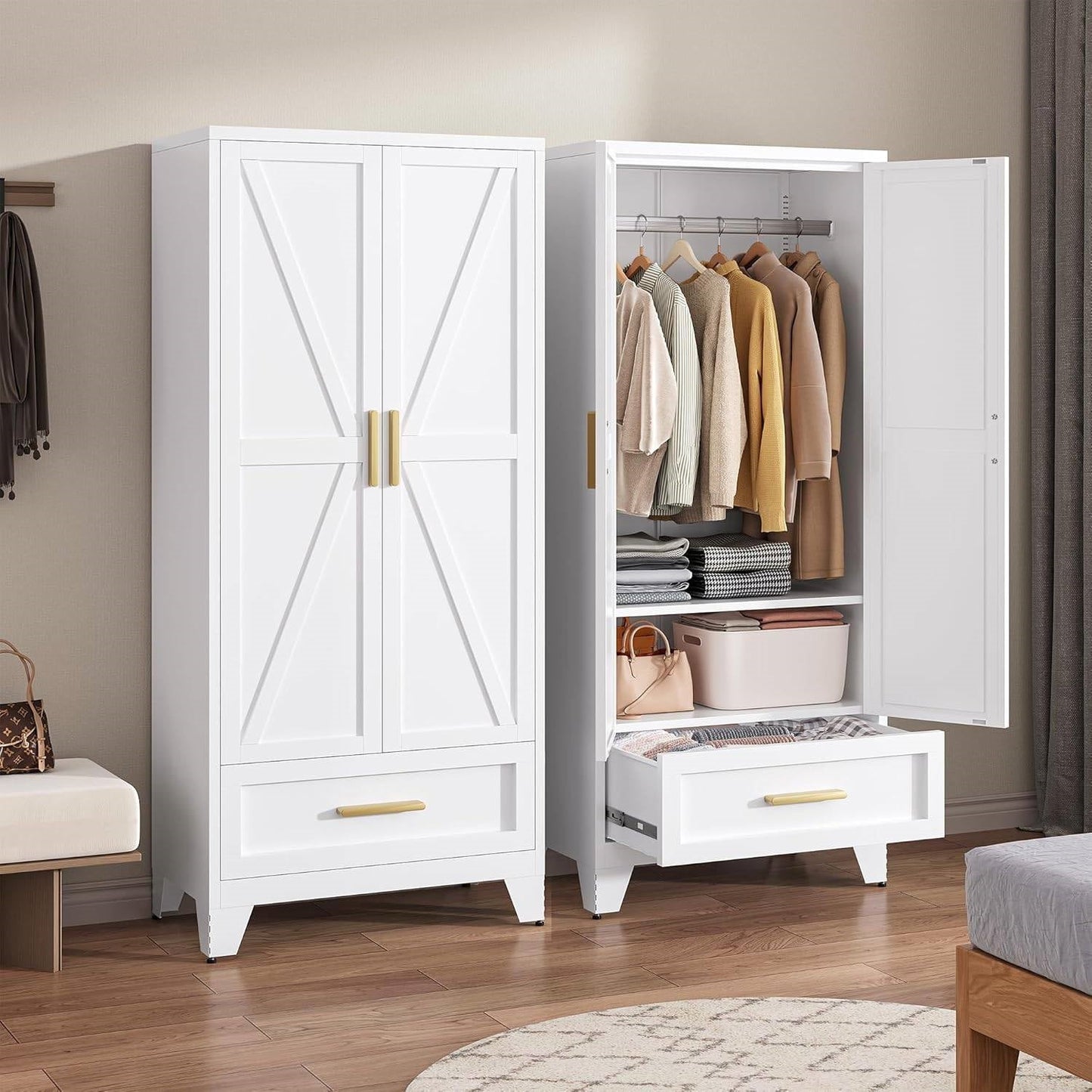 White 2-Door Wardrobe Armoire Cabinet with Storage Drawer and Hanging Rod LuxuryLifeWay Online Store