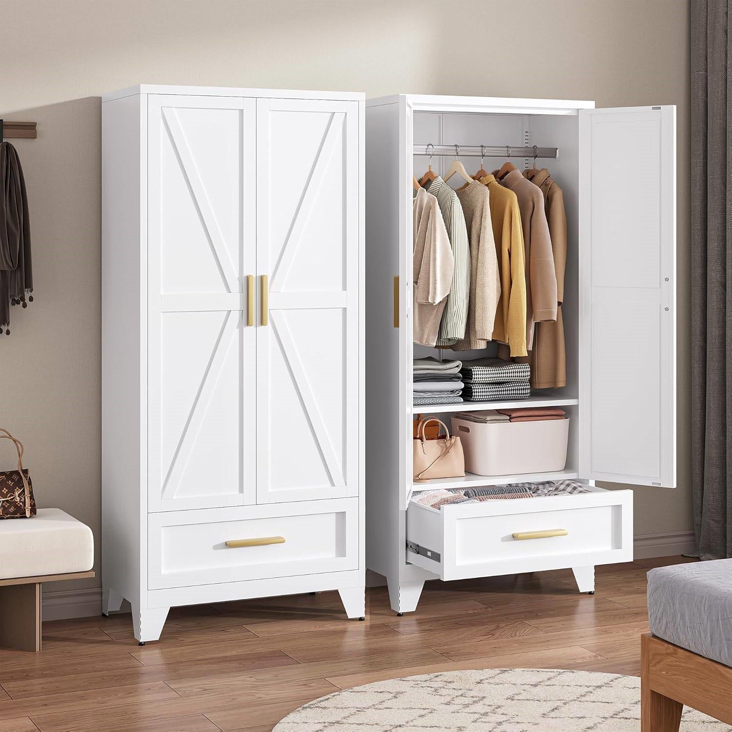 White 2-Door Wardrobe Armoire Cabinet with Storage Drawer and Hanging Rod LuxuryLifeWay Online Store