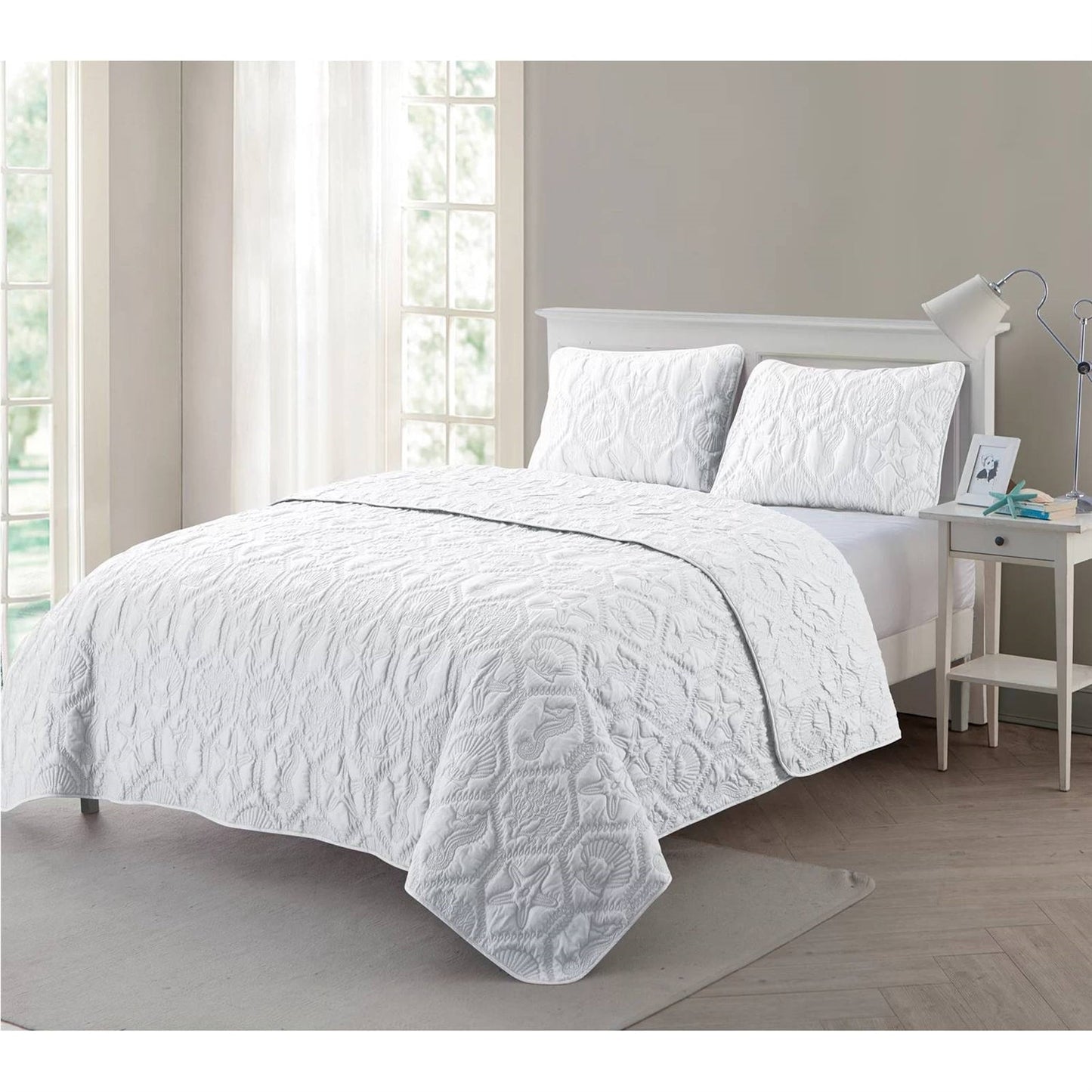 Queen size Coastal Beach Seashells Starfish Sea Horse White 3-Piece Quilt Set LuxuryLifeWay Online Store
