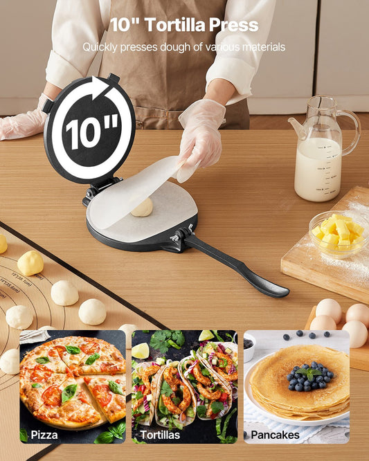 Tortilla Press, 10 Inch Cast Iron Tortilla and Roti Maker, Heavy Duty Tortilladora Press, Pataconera Makers with Handle and 100 Pcs Parchment Paper, Dough Taco Press for Flour Tortilla, Tawa LuxuryLifeWay Online Store