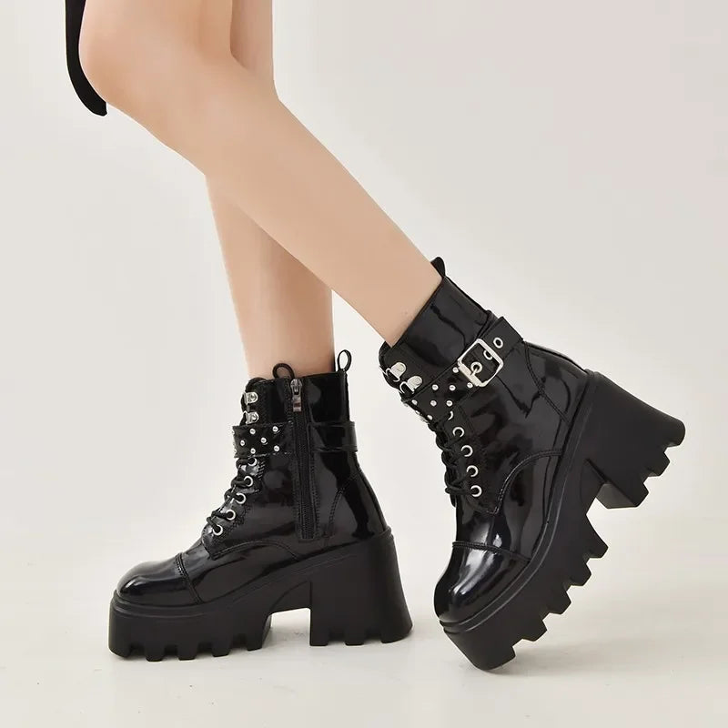 2024 Platform Thick Gothic Boots Lady Buckle Autumn Shoes Women Wedges Knee High Boots Punk Street  Motorcycle Chain Pi-Mart