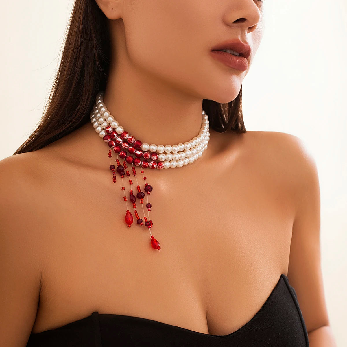 Multilayer Vintage Red Blood Pattern Imitation Pearl Tassel Pendant Necklace for Women Goth Crystal Bead Chain Halloween Jewelry Pi-Mart