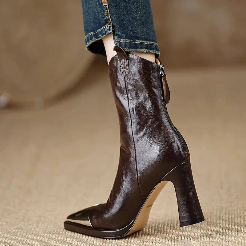 2024 New Metal Square Toe Ankle Boots for Women Fashion Patent Leather Women's Shoes Botas Mujer High Heels Shoes Women Zapatos Pi-Mart