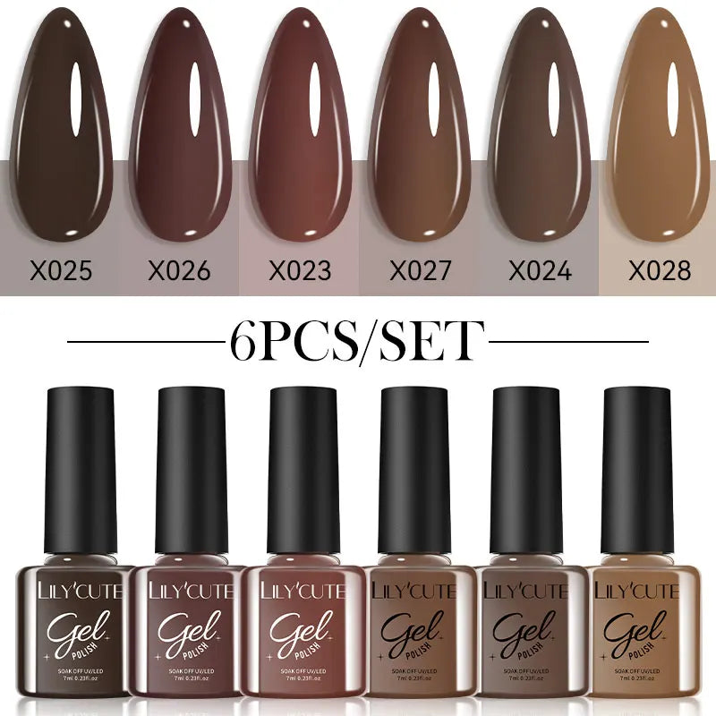 LILYCUTE 6Pcs/set 7ml Coffee Series Gel Nail Polish Kit 125 Colors Manicure Semi Permanent Soak Off UV Nail Art Gel Varnish Tri Light Beauty
