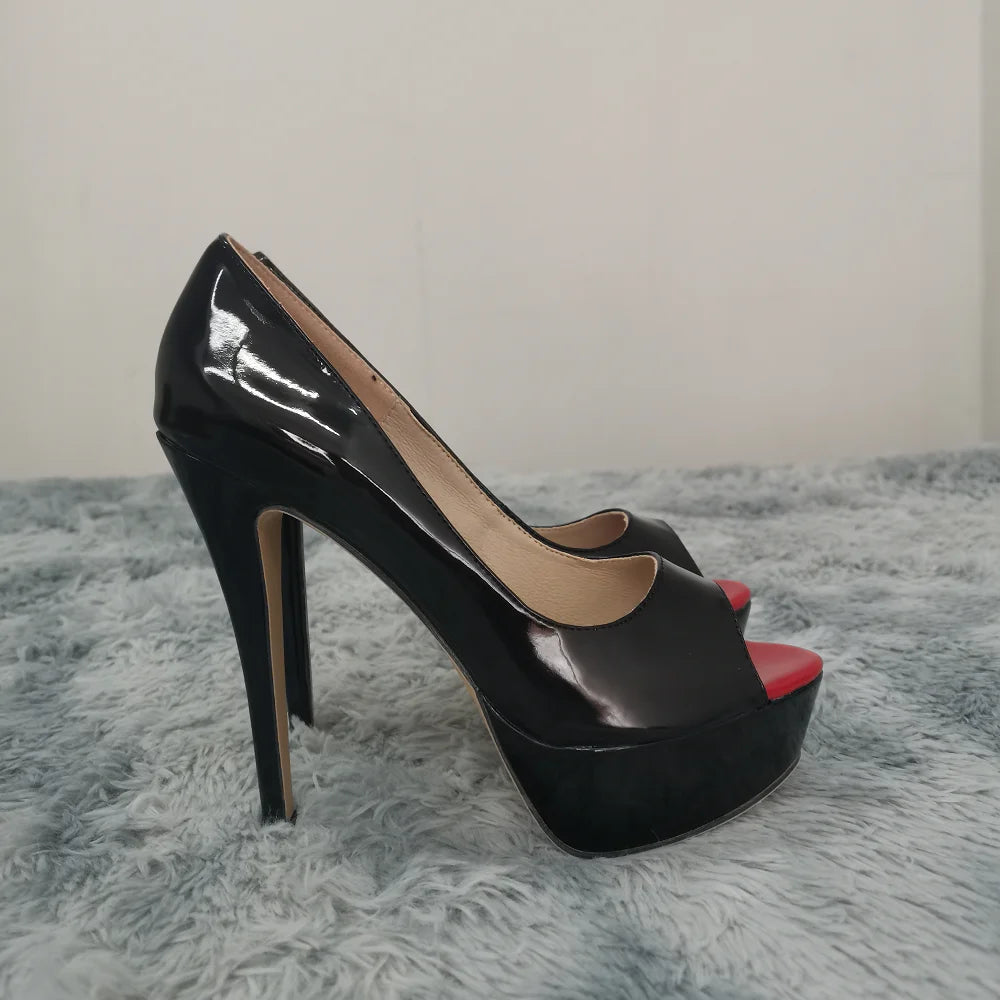Women Pumps Sexy Platform Peep Toe 14cm Extremely Thin High Heels Stiletto Patent Leather Fashion Party Nighclub Wedding Shoes Pi-Mart