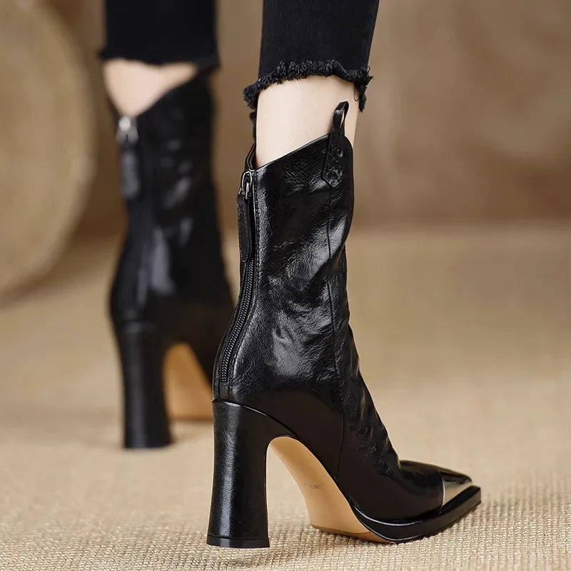 2024 New Metal Square Toe Ankle Boots for Women Fashion Patent Leather Women's Shoes Botas Mujer High Heels Shoes Women Zapatos Pi-Mart