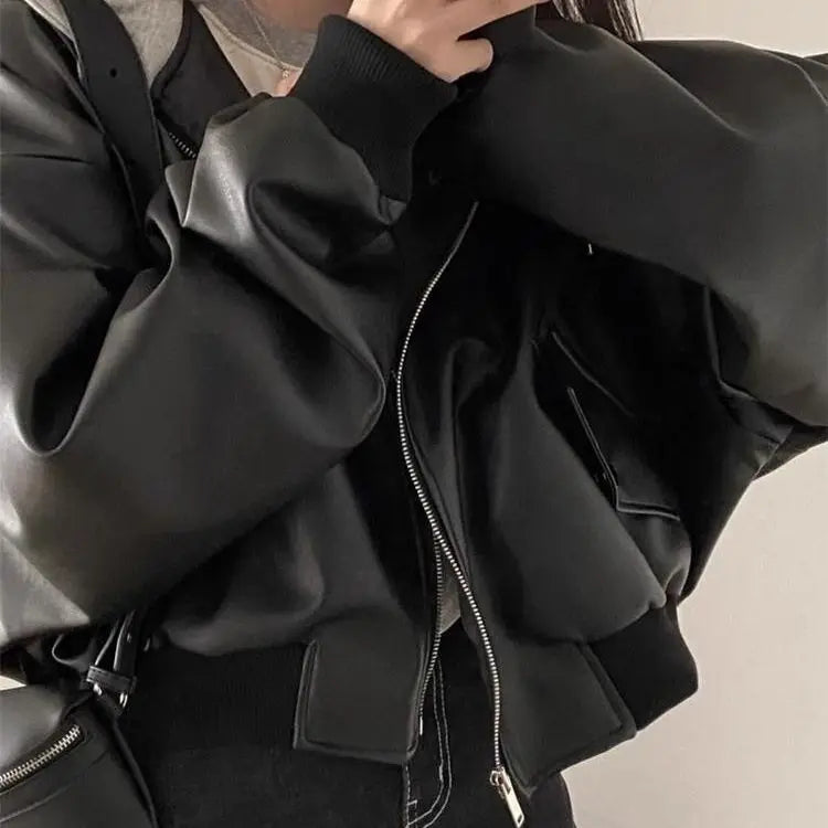 Korean High-end Black PU Leather Jacket Women Fashion Hooded Loose Spring Autumn Zipper Fake Two-Piece Versatile Outerwear LadyShow.Store