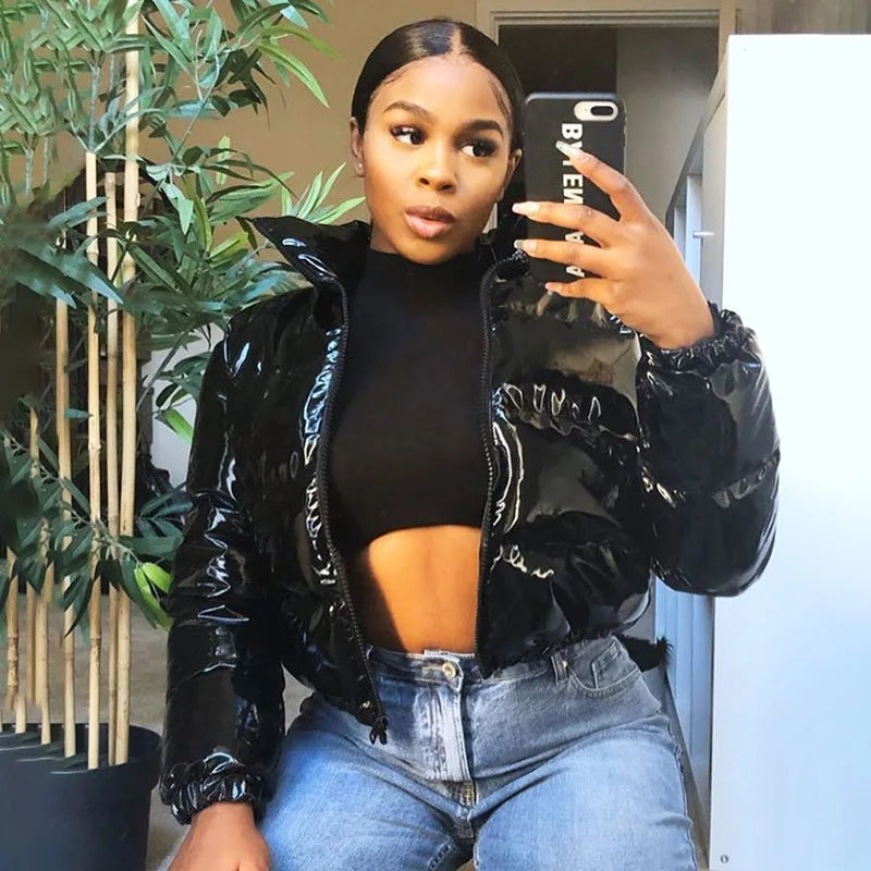 Fashion Cute Women Bright PU Pink Puffer Jacket Winter Warm Bubble Coats Shiny Leather Parkas Down Zipper Cropped Jackets Parkas LadyShow.Store