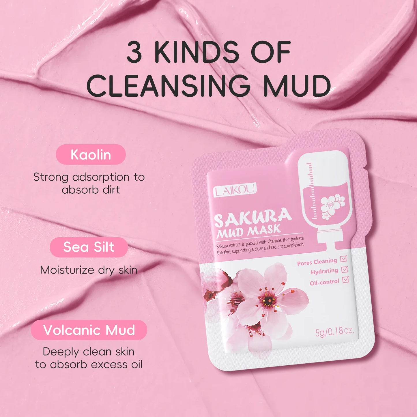 LAIKOU Japan Sakura Clay Mud Mask Hydrating Gentle Cleansing Refreshing Oil Balancing Daily Facial Skin Care Mask 5g Pi-Mart
