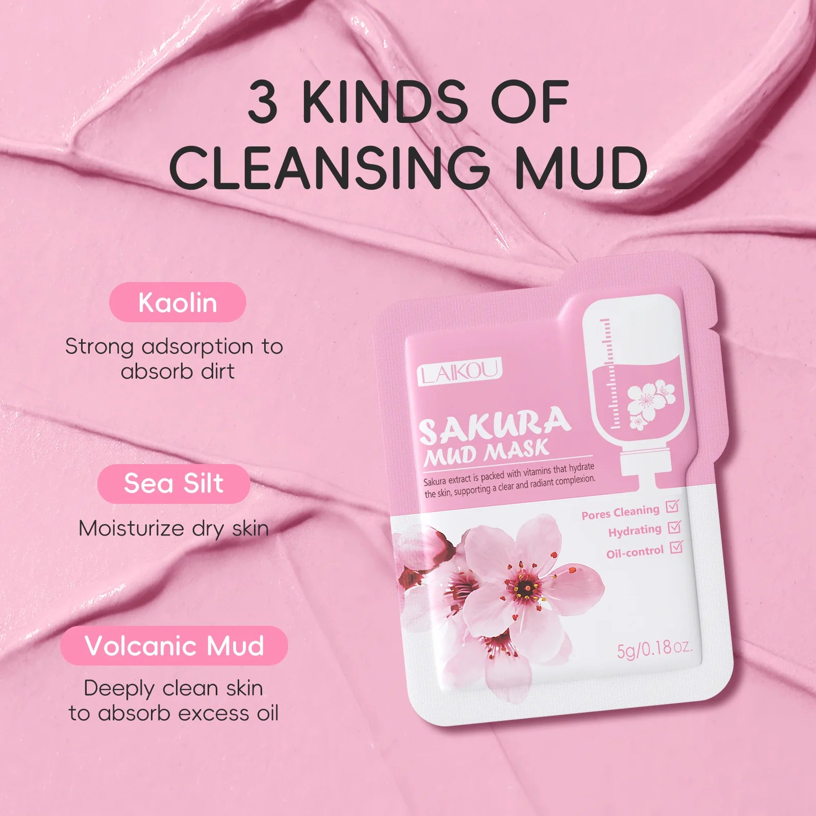 LAIKOU Japan Sakura Clay Mud Mask Hydrating Gentle Cleansing Refreshing Oil Balancing Daily Facial Skin Care Mask 5g Pi-Mart
