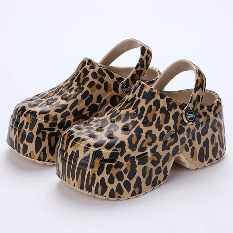 Leopard Thick Bottom Clogs for Women Closed Toe Chunky Platform Sandals Woman Summer 2023 Super High Wedge Heel Slippers Female LadyShow.Store