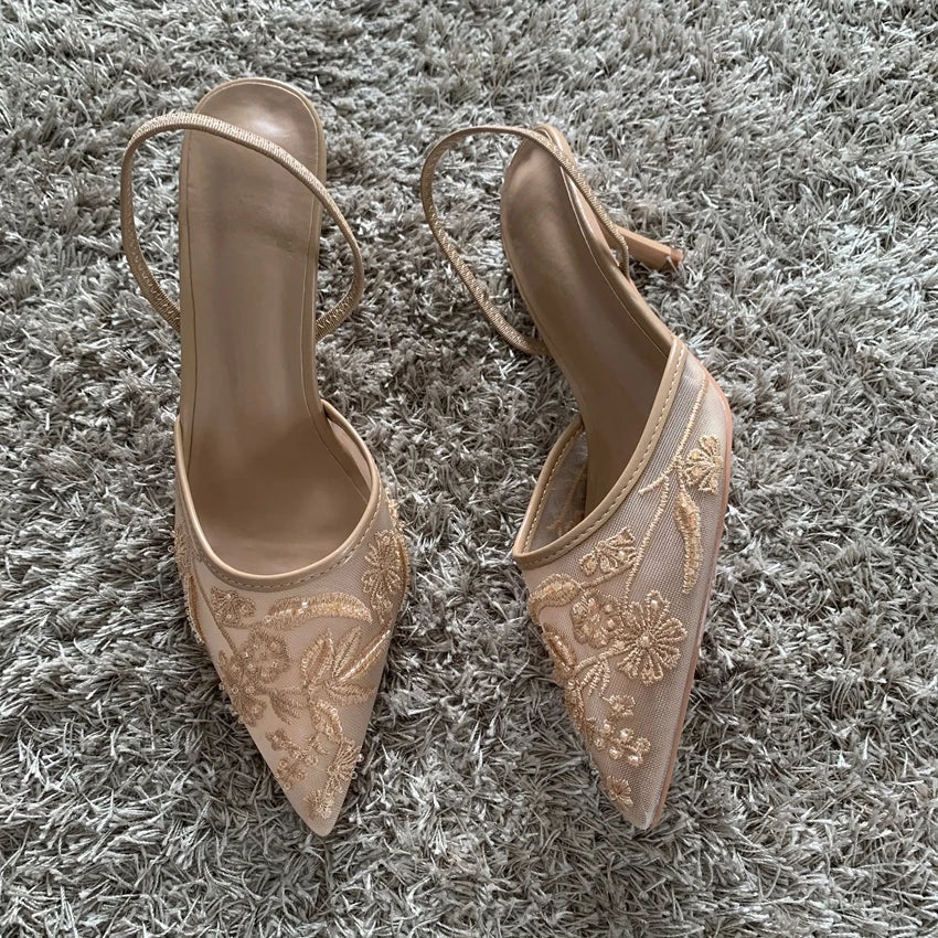 Mesh Embroidered Fashion Sandals Women String Bead High Heels Mules Shoes Pointed Toe Slingback Slippers Women Zapatos De Mujer LadyShow.Store