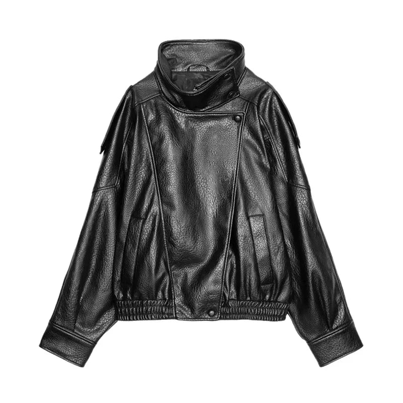 2026 Autumn Women's Faux Leather Jacket Brown Black Long Sleeve Stand Collar Thick Loose Lady Coat Fashion Motorcycle Streetwear LadyShow.Store