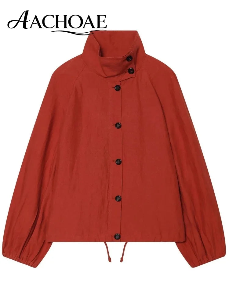 AACHOAE Women High Neck Lightweight Jacket Casual Long Sleeve Windbreaker Coat Drawstring Hem Button Front Short Outerwear Pi-Mart
