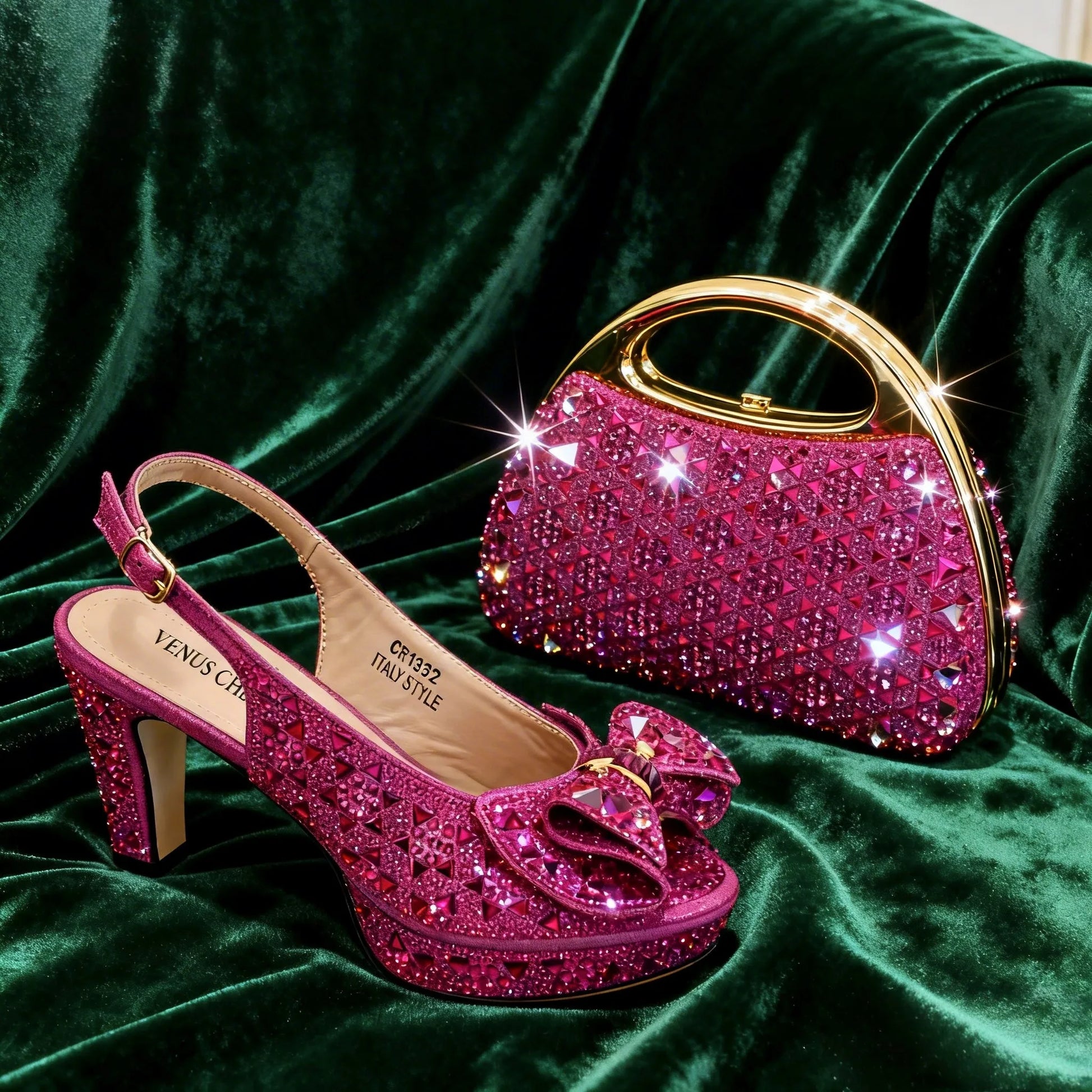 Elegant Italian Women’s Fuchsia Rhinestone Peep-Toe High Heel Sandals and Matching Bag Set – Perfect for Weddings and Parties LadyShow.Store