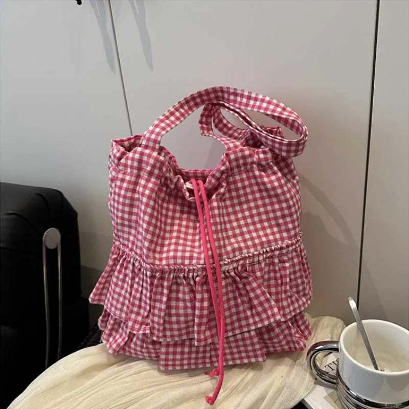 Large Capaci Cute Plaid Cotton Tote Bag  Lace Trim Women's Summer 2025 Simple Lady Handbag Soft Shoulder Bags Bolsa Feminina Pi-Mart