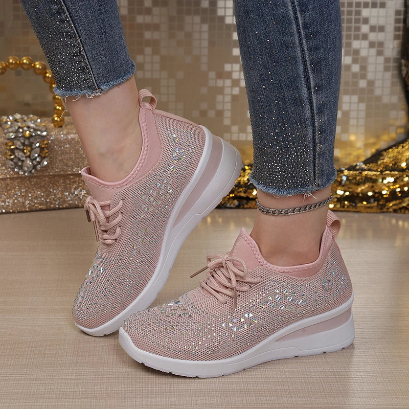 Women's Rhinestone Embellished Knit Mesh Wedge Sneakers, Adjustable Lace-Up Closure, Daily Walking Casual Footwear Pi-Mart