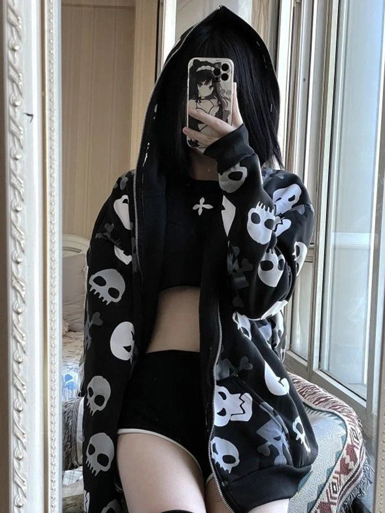 AltGoth Cyberpunk Y2k Sweatshirt Women Mall Goth Harajuku Skull Printed Long Sleeve Zipper Cardigan Hoodie Emo Alt Indie Clothes LadyShow.Store