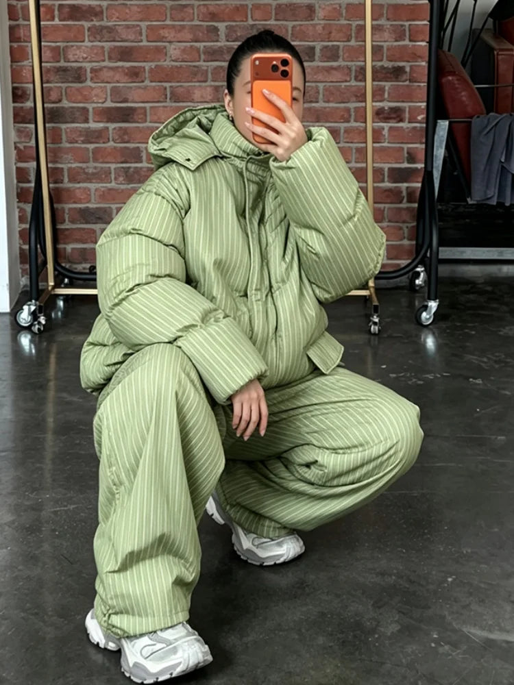 Women Striped Hooded Puffer Two Piece Outfit Oversized Cropped Jacket Baggy Pants Set Daily Outdoor Fashion Matching Outfit LadyShow.Store