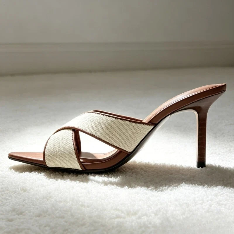 Brown Wide Cross-Tied Women Slippers Elegant Contrast Material Piping Mule Sandals for Ladies Sexy Pointed Open Toe High Heels LadyShow.Store