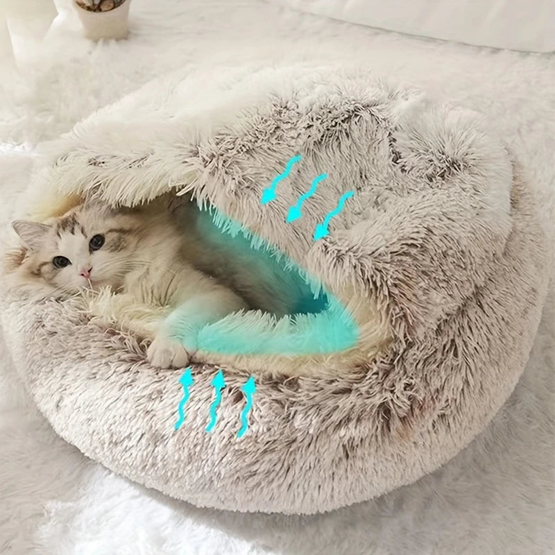 Plush Hooded Cat Cave Bed Round Semi‑Enclosed Shell Pet Nest Washable Anti‑Slip Warm All Season Sleeping Bed For Cats Small Dogs Pi-Mart